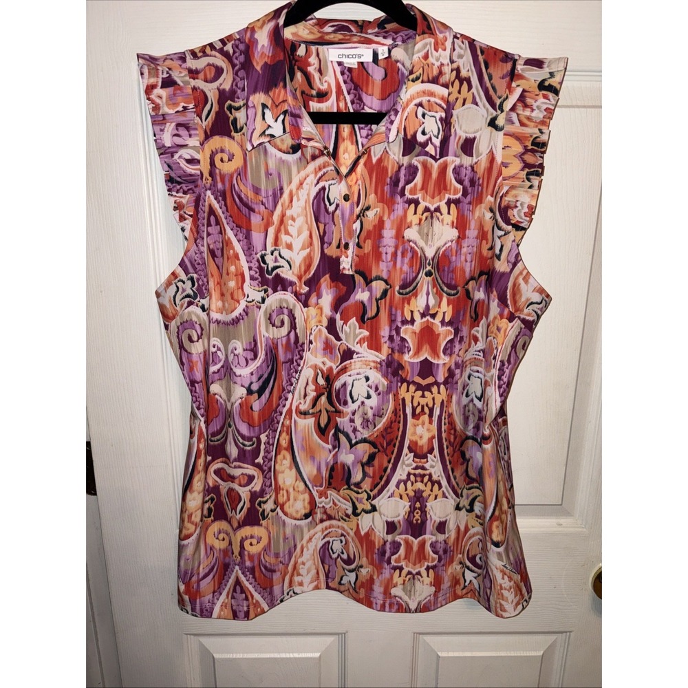 Chico's Sz 3 = 16 40th Anniversary LE Paisley No Iron Blouse Top Performance